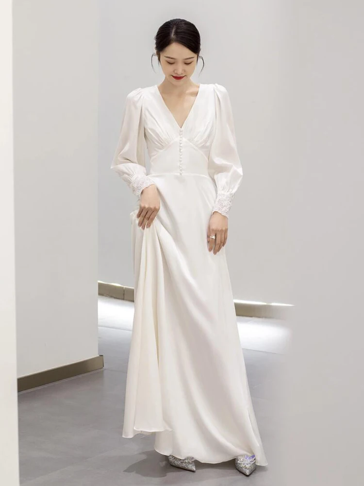 

Ele White Long Sve Wedding Dr Luxury mat Sle Court Wedding Dr with Deep V Ne A-Line Skirt for Engagement