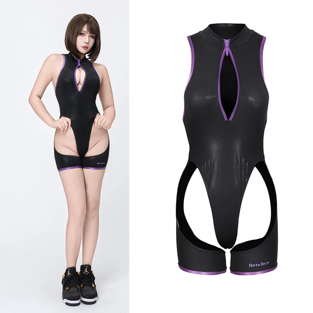 Sexy Anime Japanese swimsuit Open chest zipper Tights one piece Swimming body suits