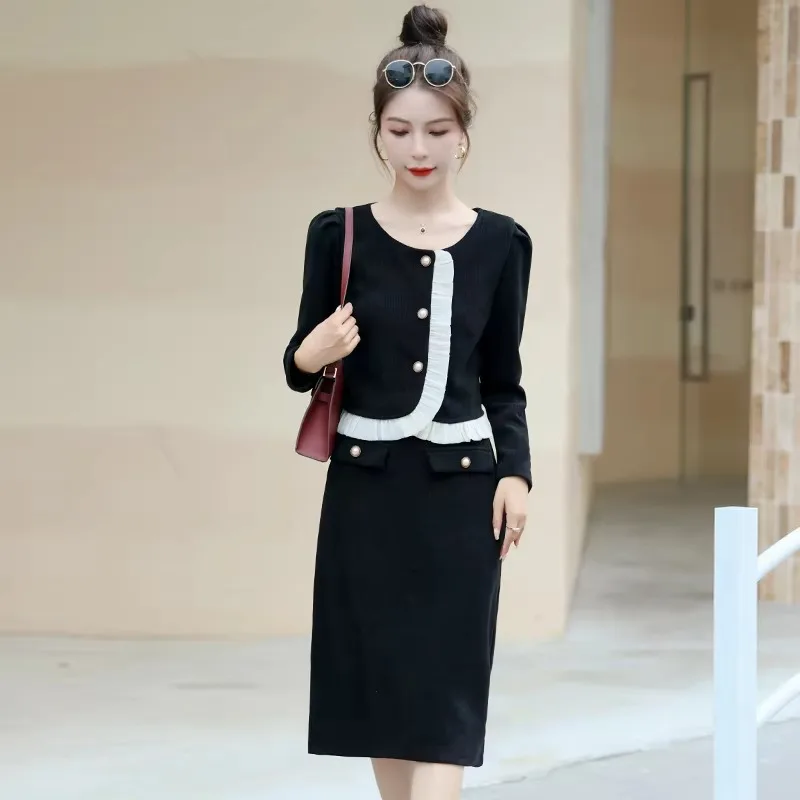 

Insozkdg 2024 Spring Autumn New Two-Piece Set Elegant Socialite Ruffled Long Sleeves Jacket + Vintage Skirt Suits High Quality