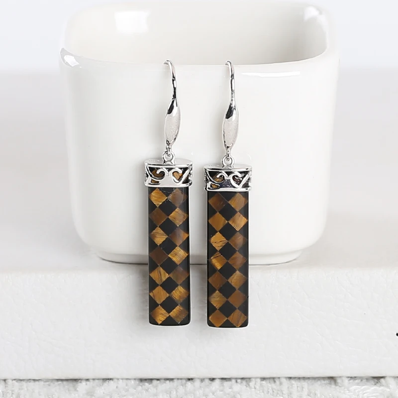 

925 Silver Gemstone Earrings Wholesale! 925 Silver Obsidian,Tiger's Eye Intarsia Earring Beads, Unqiue Earring Set,