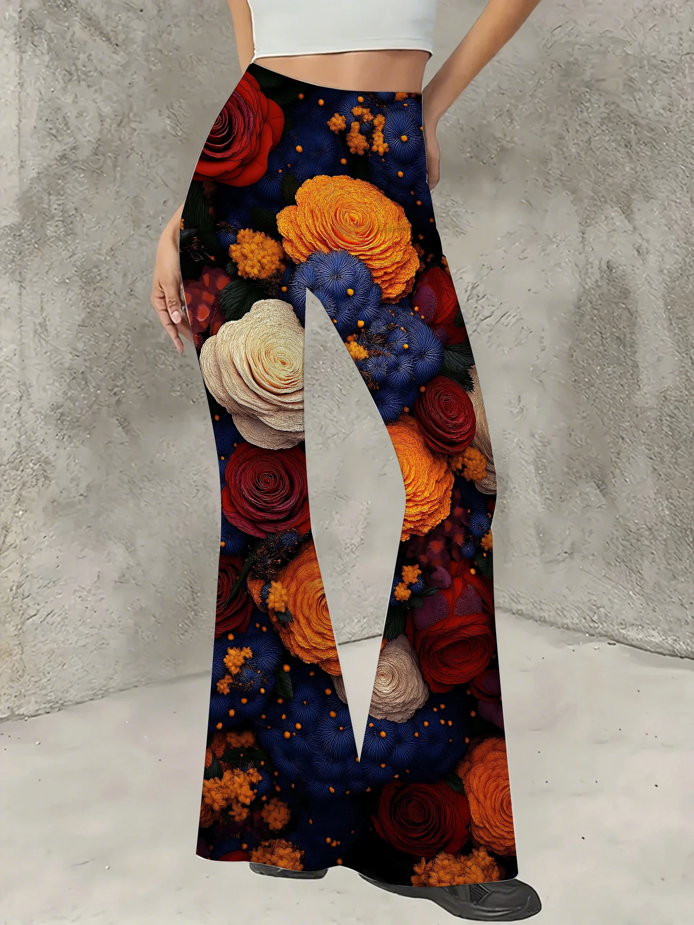 

Retro Printed Flare Pants Women High Waist Polyester Knit Bell Bottom Trousers