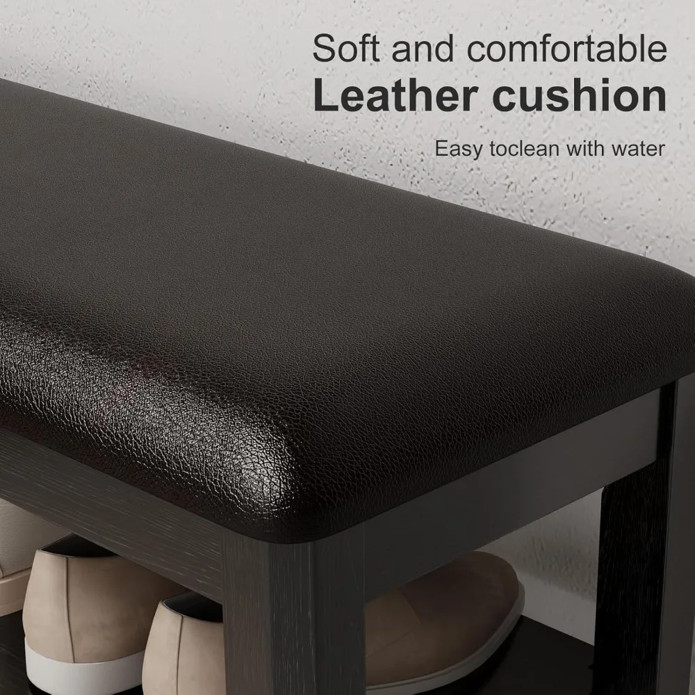 مقعد أحذية مع وسادة جلدية، مقعد تخزين أحذية من 3 طبقات قابل للتعديل، مقعد مدخل من خشب الجوز للممر وغرفة الطين