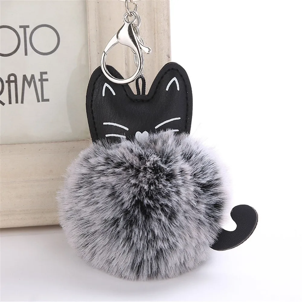 Cute Cat Leather Furry Keychain Pendant 8cm Women Key Ring Holder Pompoms Key Chains Lovely Plush Cow Lanyard For Keys Porte Clé