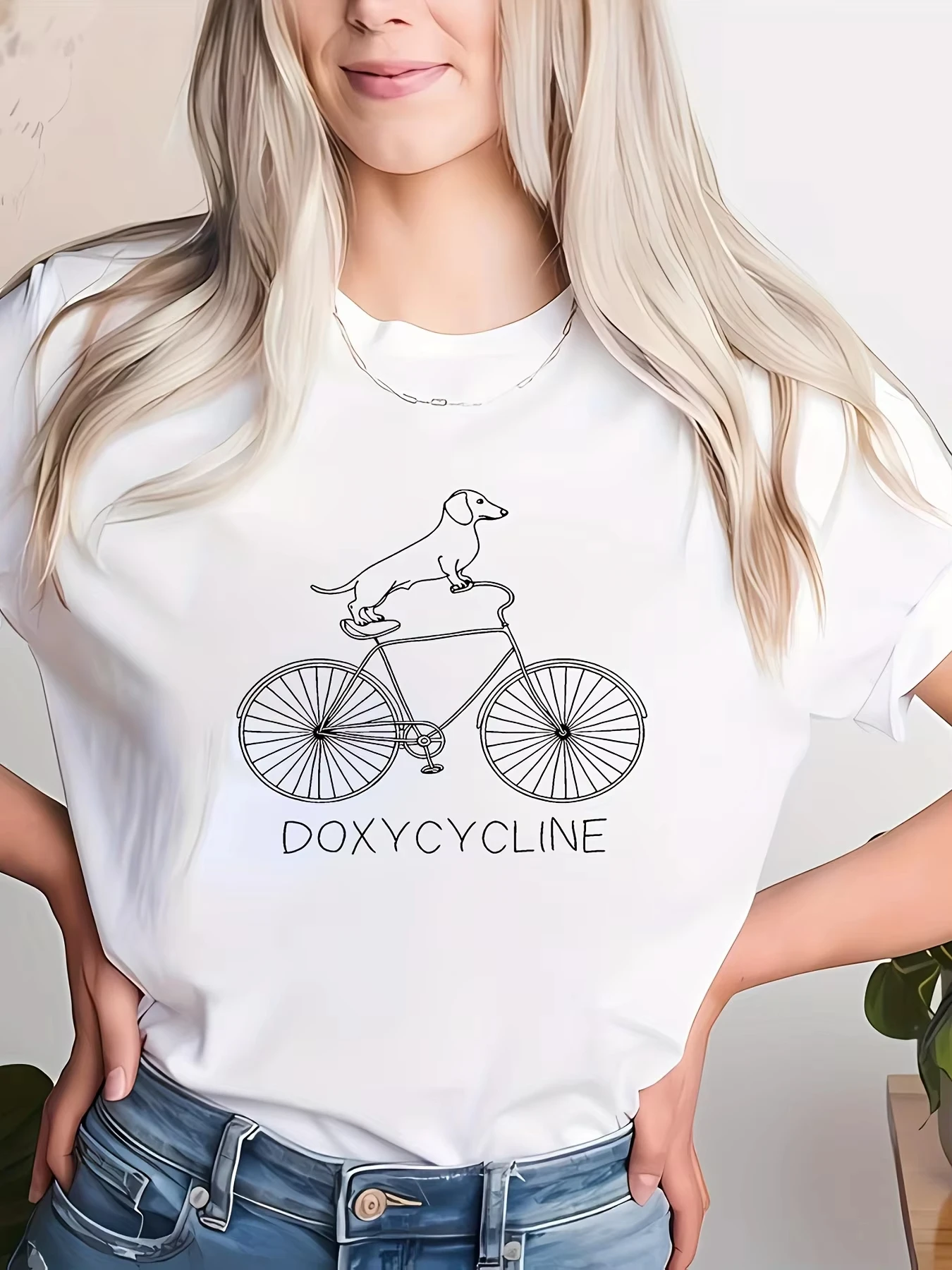 Unisex Funny Dachshund Bicycle Graphic T‑Shirt Doxcycline Line Art Print Short Sleeve Crew Neck Casual Humor Daily Wear Tee