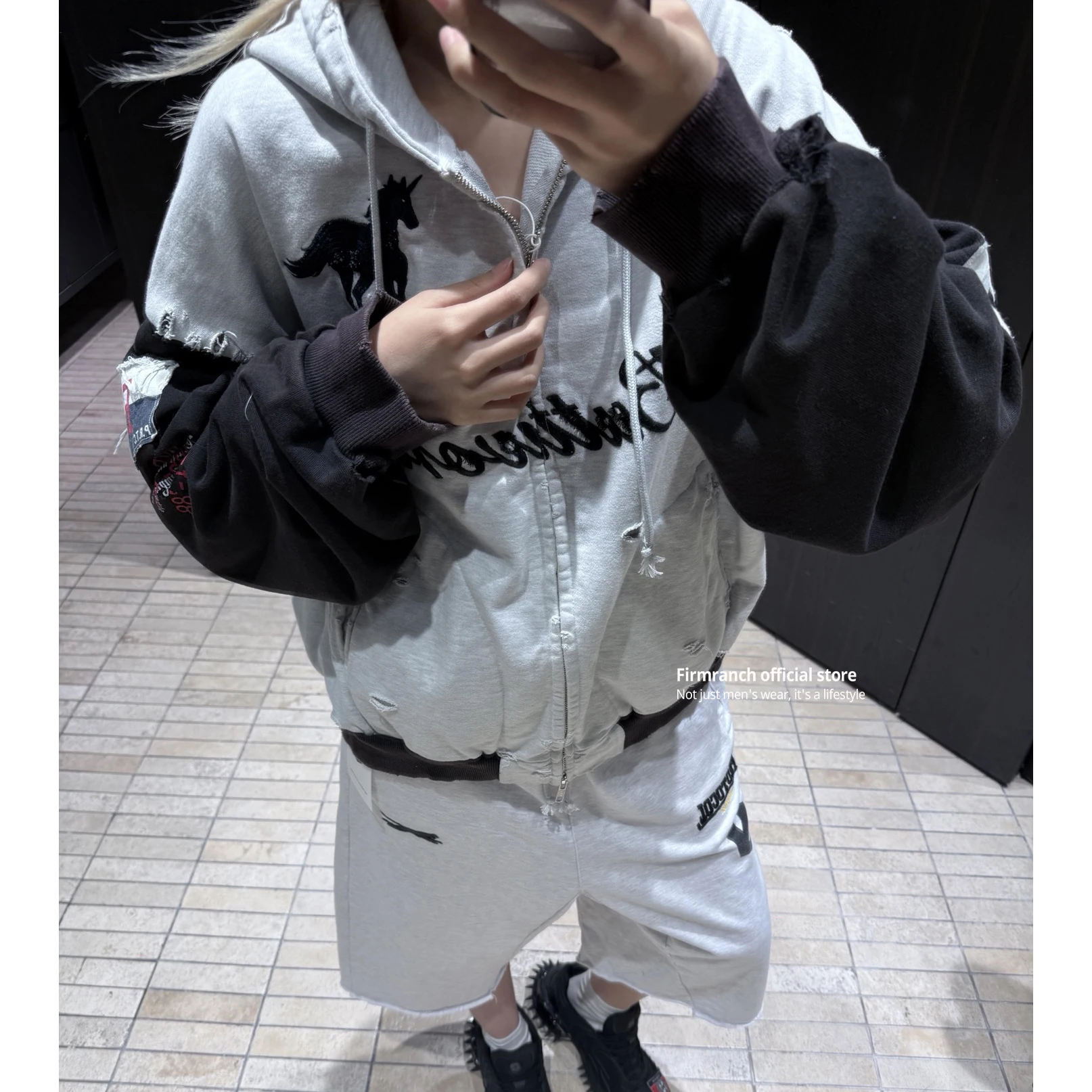 

Firmranch 2026 Korean High Street Retro Slogan, Torn, Pony Embroidered, Splicing, Zipper Hoodie For Men Women Loose Jacket