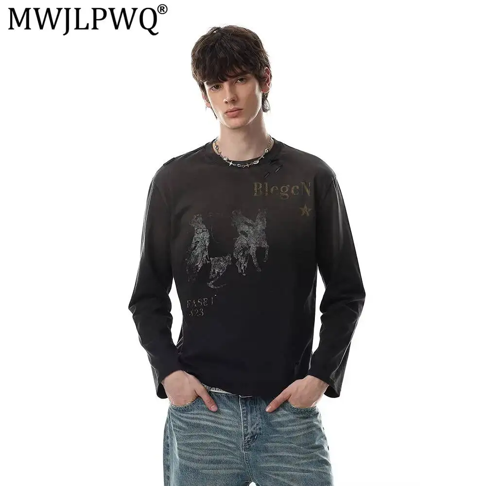 MWJLPWQ Print Distressed Casual Long-Sleeve T-Shirt For Men Street Style Punk Holes Round Neck Ins Tee 2026 Autumn Chic 20109