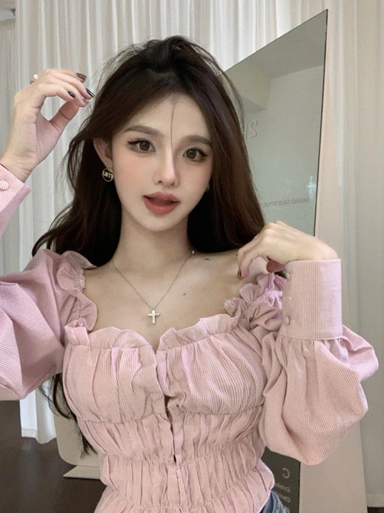 Shirts Women Elegant Attractive Leisure Streetwear Holiday Popular Sexy Date Solid Design Slash Neck Ulzzang Folds Daily Fashion