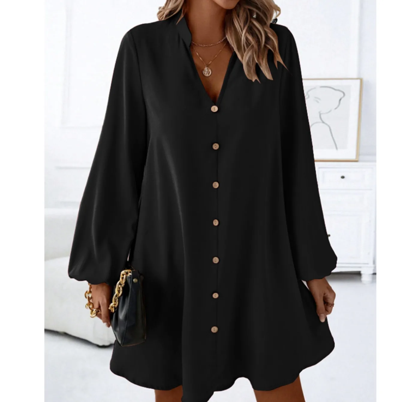 Frühling Herbst Reine Farbe V-ne Einzigen Taste Lose A-linie Lange Sve irt Dr Straße Sle Lose Taille Polyester Faser