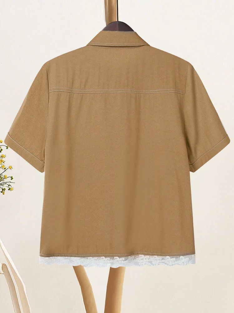 بلوزة ZANZEA للسيدات بأكمام قصيرة مرقعة لعام 2025 قمصان صيفية عصرية غير رسمية برقبة على شكل طية صدر السترة وأزرار قميص أنيق للعمل المكتبي #5