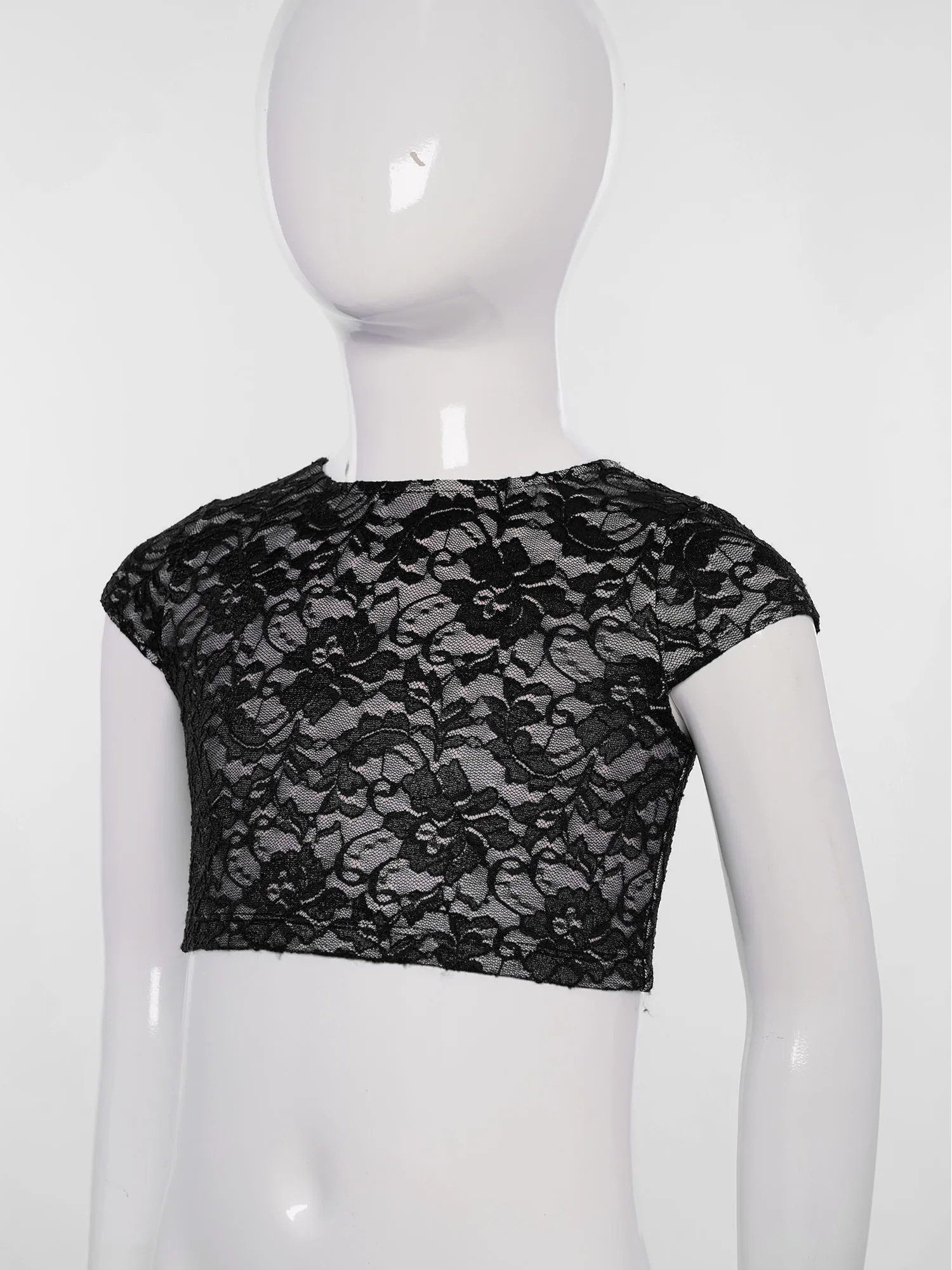 

Kids Girls Ballet Dance Top Tees Floral Lace Round Neck Cap Sleeves V-Back Crop Top Shirt Gymnastics Workout Performance Costume