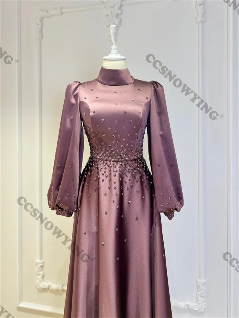 Satin Beaded Muslim Evening Dresses Full Sleeve High Neck Hijab Islamic Formal Party Gown Arabic Dubai Women Robes De Soirée