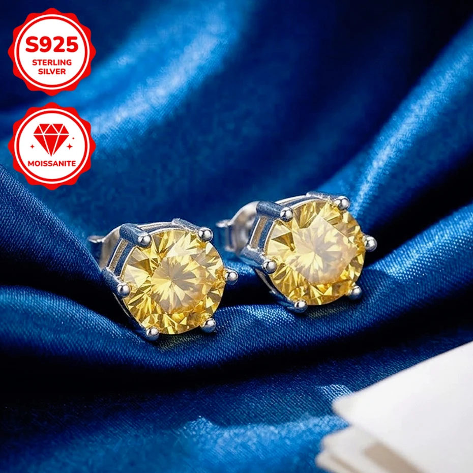 

1 Pair 0.5/1/2/3 Carat Sparkling Lemon Yellow Synthetic Moissanite Earrings, Set in 925 Sterling Silver with A Six-prong Setting