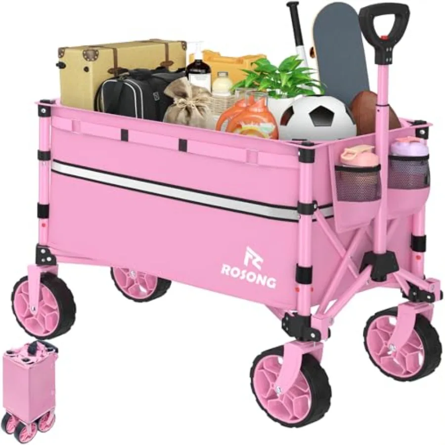 

Foldable Pink 120L Collapsible Wagon Cart with Wheels for Grocery Sports Garden Shopping Camping Heavy Duty Utility Cart