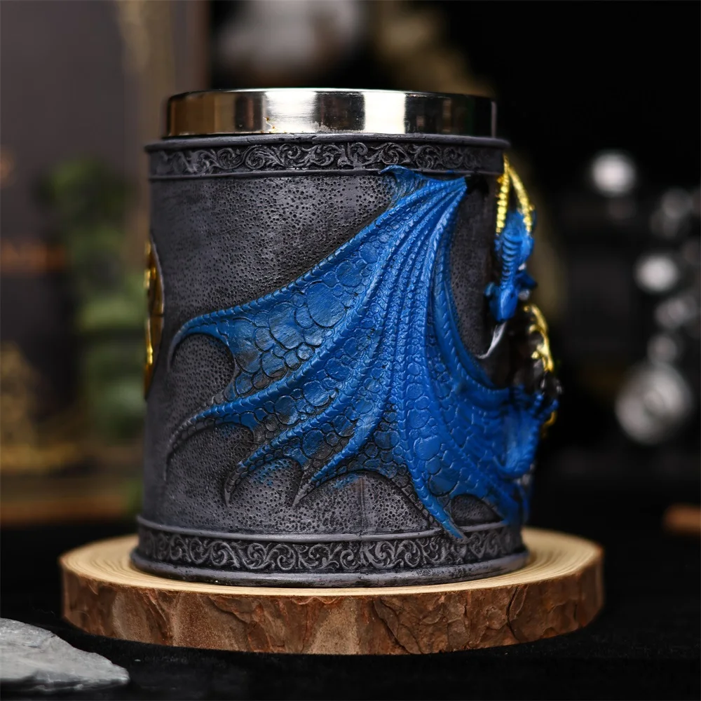 Retro Dragon Resin Hand Painted Stainless Steel Beer Mug Coffee Cup Gem Creative Design Tea Cup Bar Decoration Collection Gift