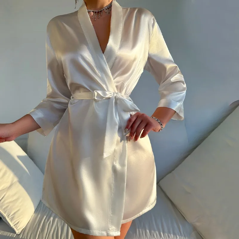 Fashion Solid Color Robes Nightgown Women's Luxury Summer Short Lace Up Bathrobe Silk-like Thin Sexy Home Wear Ladies Pajamas