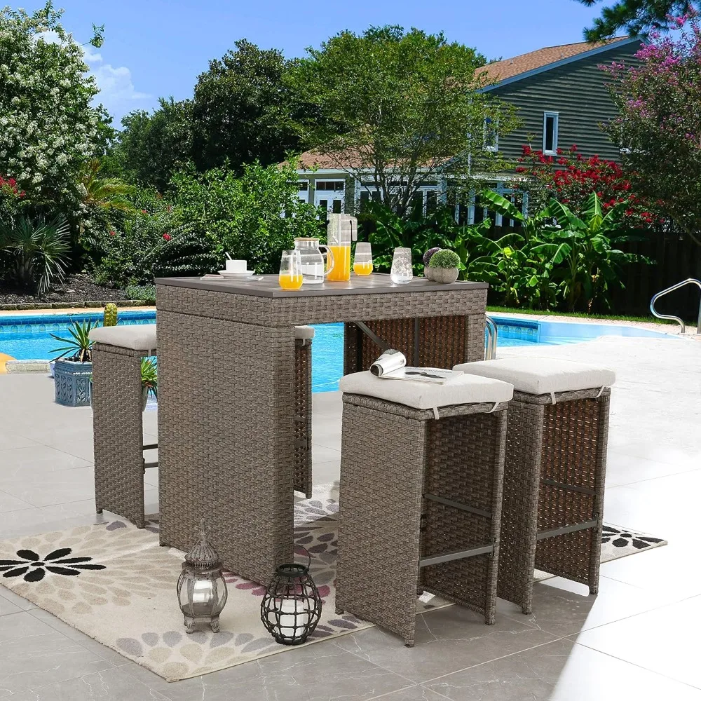 

5PCs Patio Bar Set with Bar Stools and Table,Space Saving Wicker Patio Bars Set Outdoor Dining Furniture Set withBeige Cushions