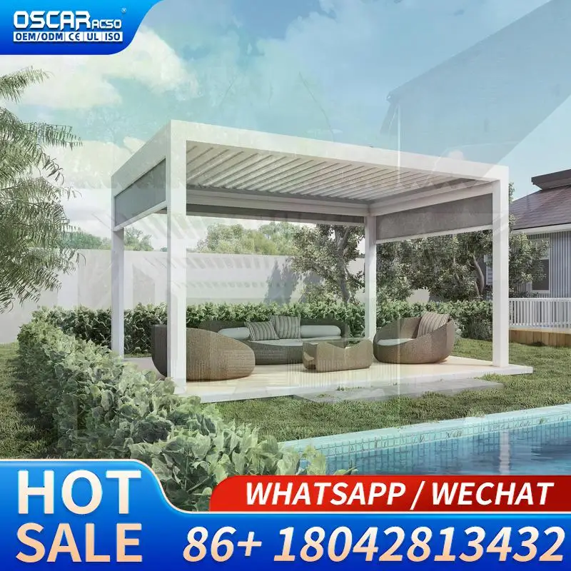 4X4 Meter High Wind Resistance Garden Decor Aluminum Frame Roller Screen Steel Sunshade Gazebo for Backyard Patio Balcony Pergol