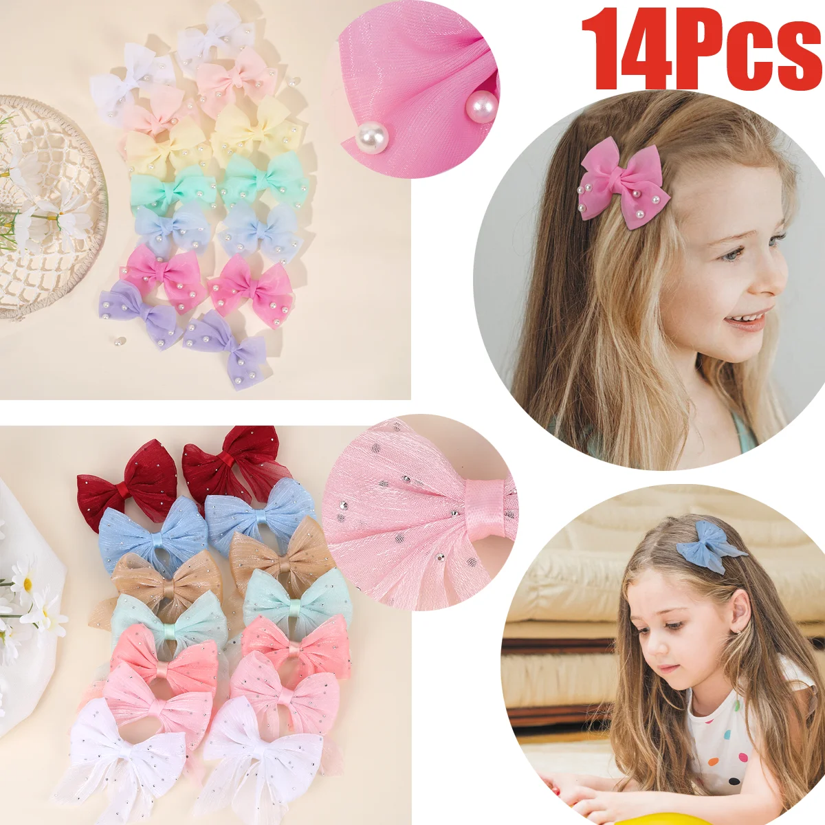 

14 шт., мини-заколки для волос со сверкающим жемчугом, милые заколки с боковой заколкой для девочек, блестящая заколка для волос с бантом, аксессуары, головной убор