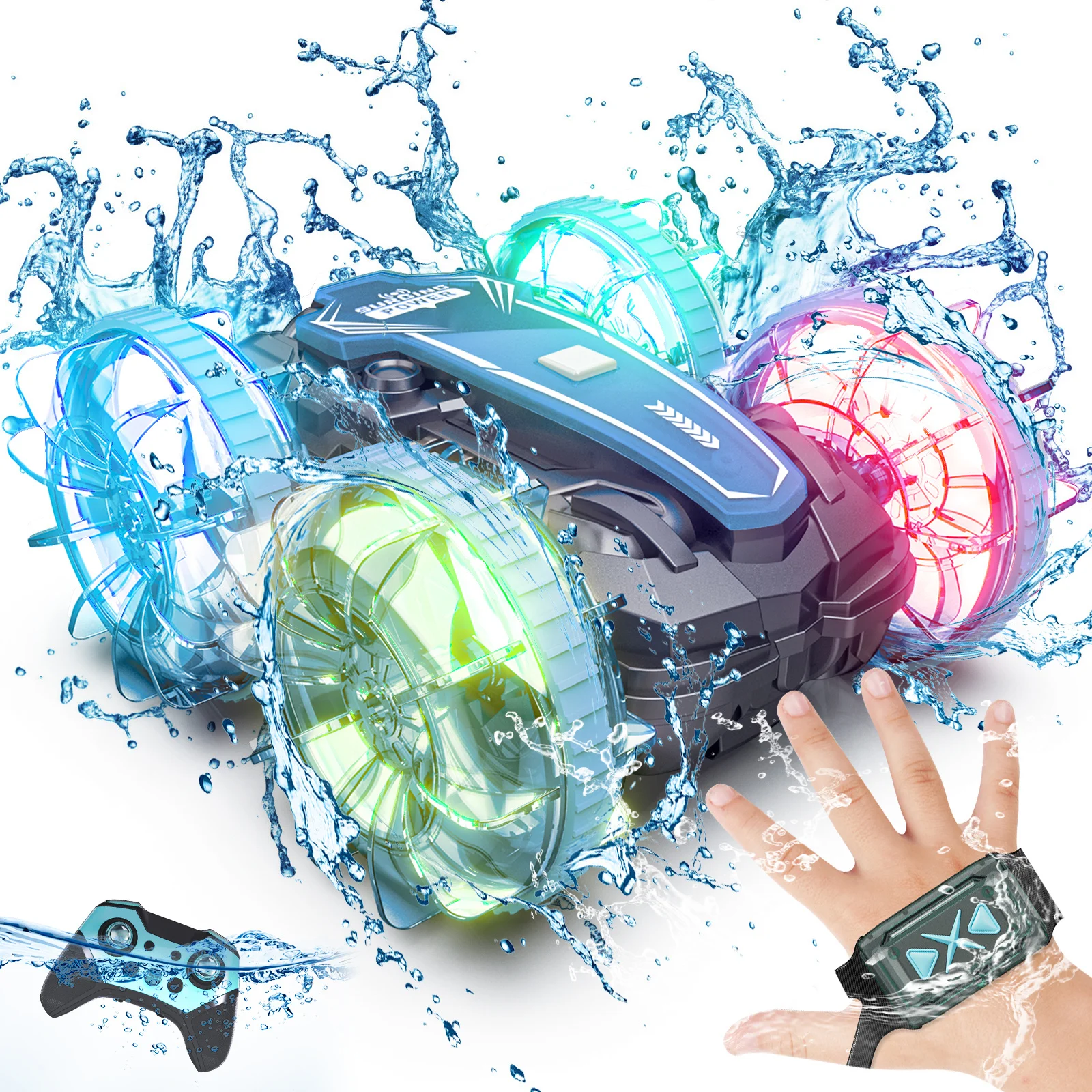 Amphibious Waterproof Remote Control Car Boat, 4WD Gesture RC Car, RC Stunt Car with LED Lights, Pool Toys for Kids Ages 8-12