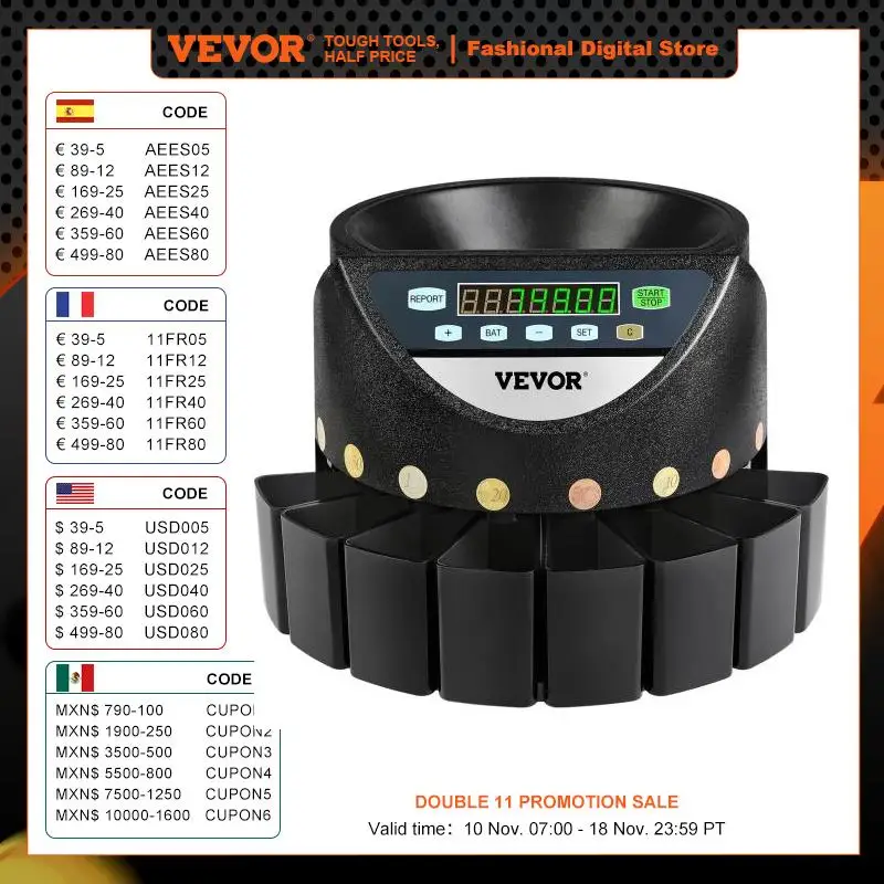 Vevor 300 Munten/Min Euro Muntsorteermachine Teller Professionele Elektrische Automatische Machine