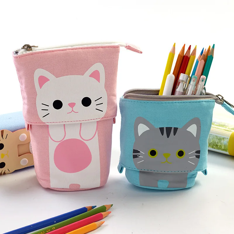 Pen Pencil Bag Case, Cartoon Cute Cat Bear Sheep Canvas Fold Standing Holder Stationery Organizer Kids Gift A6445