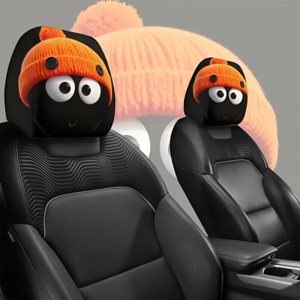 2 Pieces Cute  Coal Ball  Car Headrest Covers with Orange Beanies, 2D Printed, Elastic, Universal Car Seat Headrest Protectors view 4