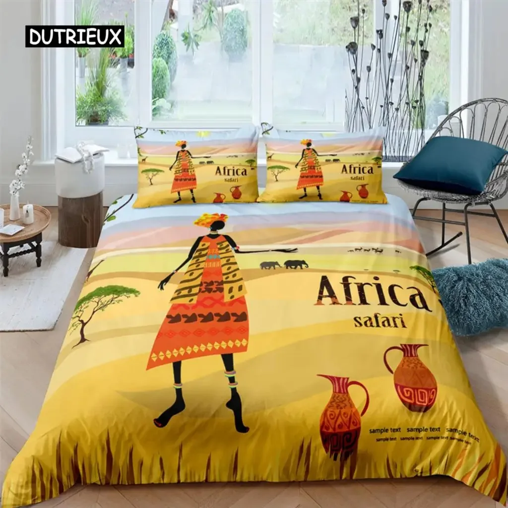 

African Woman King Queen Duvet Cover Retro Exotic Tribal Black Girl Pattern Bedding Set Africa Polyester Quilt Cover Pillowcase