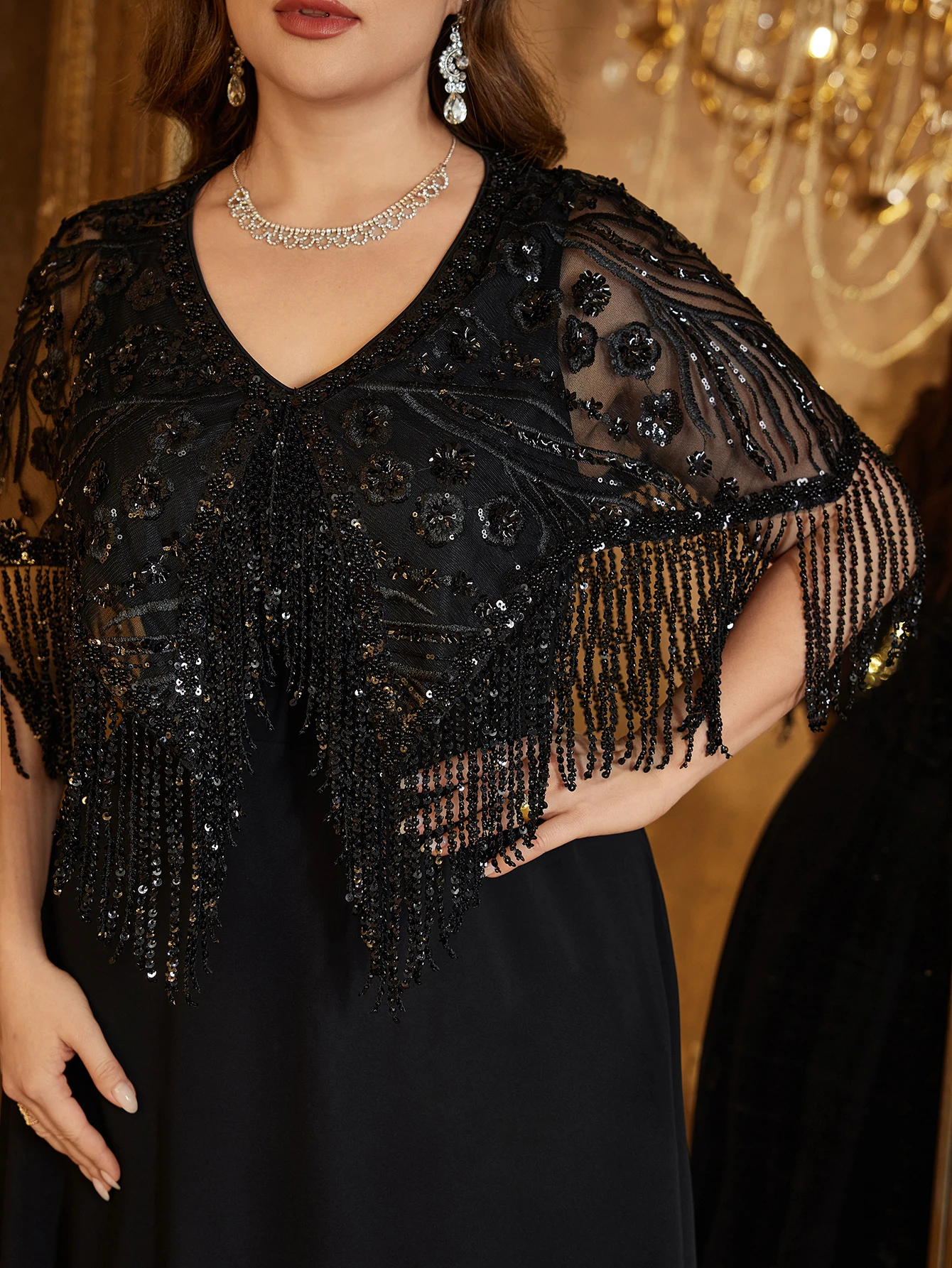 UNITHORSE Plus المرأة الخامس الرقبة صنعة عالية الترتر المرقعة الشيفون شرابة كم سليم المناسب مزاجه ماكسي مساء