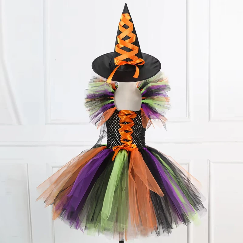 Girls Halloween Witch Costume Tulle Tutu Dress with Pointed Hat Kids Fancy Dress Outfit Carnival Cosplay Party Role Play 3 Color view 2