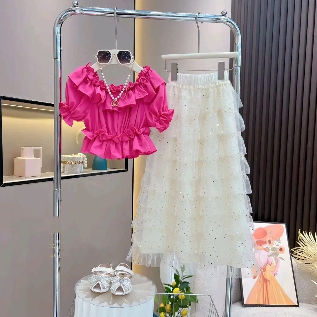 New Baby Girls Teenage Fashion Summer Sets,  Ruffles Top+ Mesh Cake Skrits    4-12T