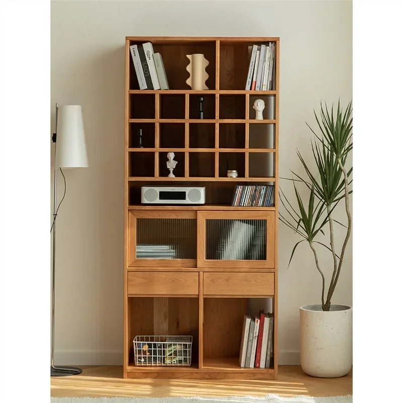 Nordic Cherry Wood Bookshelf Display Cabinet All Solid Wood Log Living Room Multifunctional Modern Simple Storage Cabinet Locker