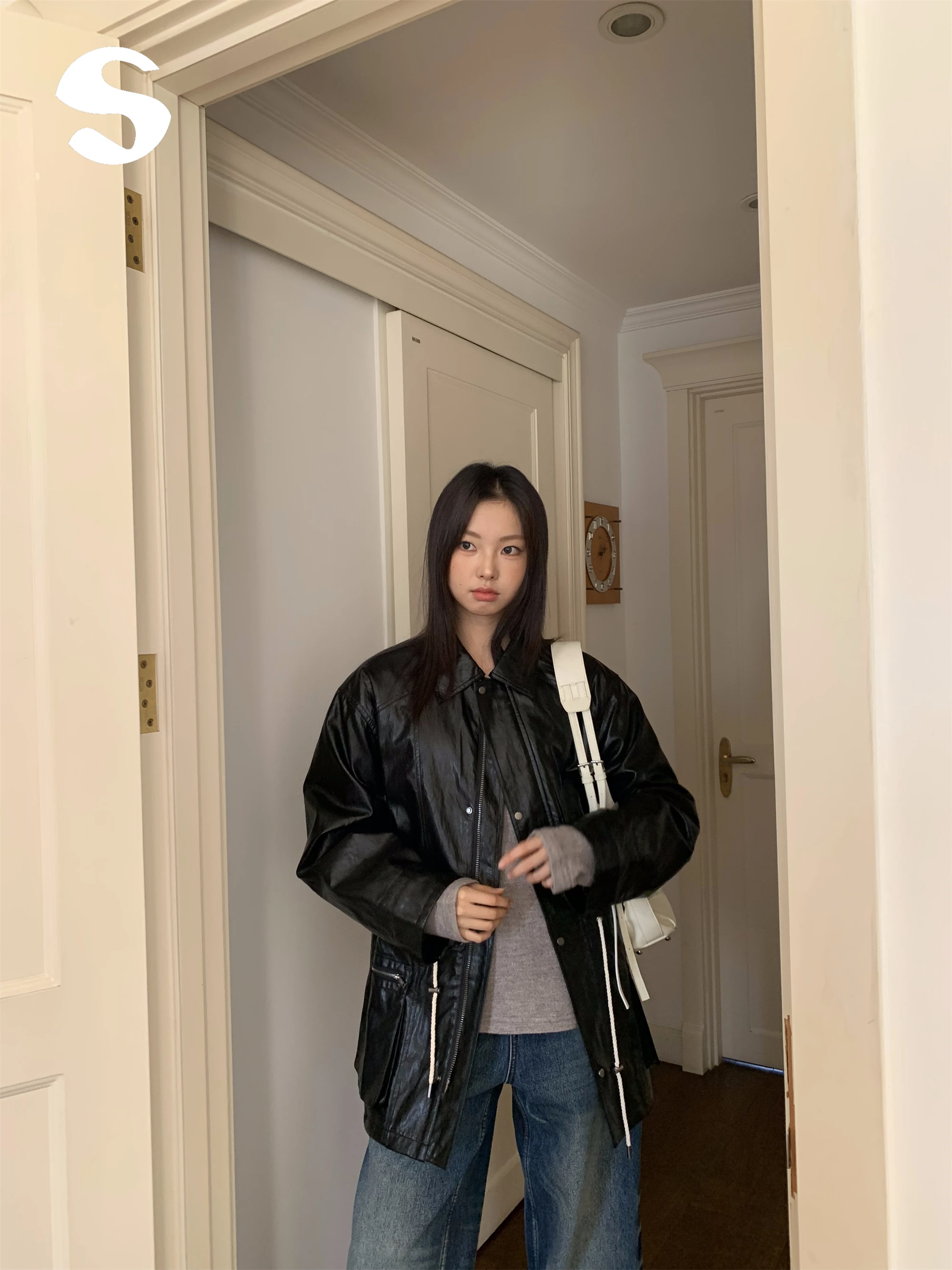 

Sp at Casual PU Leather Jaet with Dstring Waist Loose Fit Versatile Cotton Lined Workwear Sle Commute Windbreaker