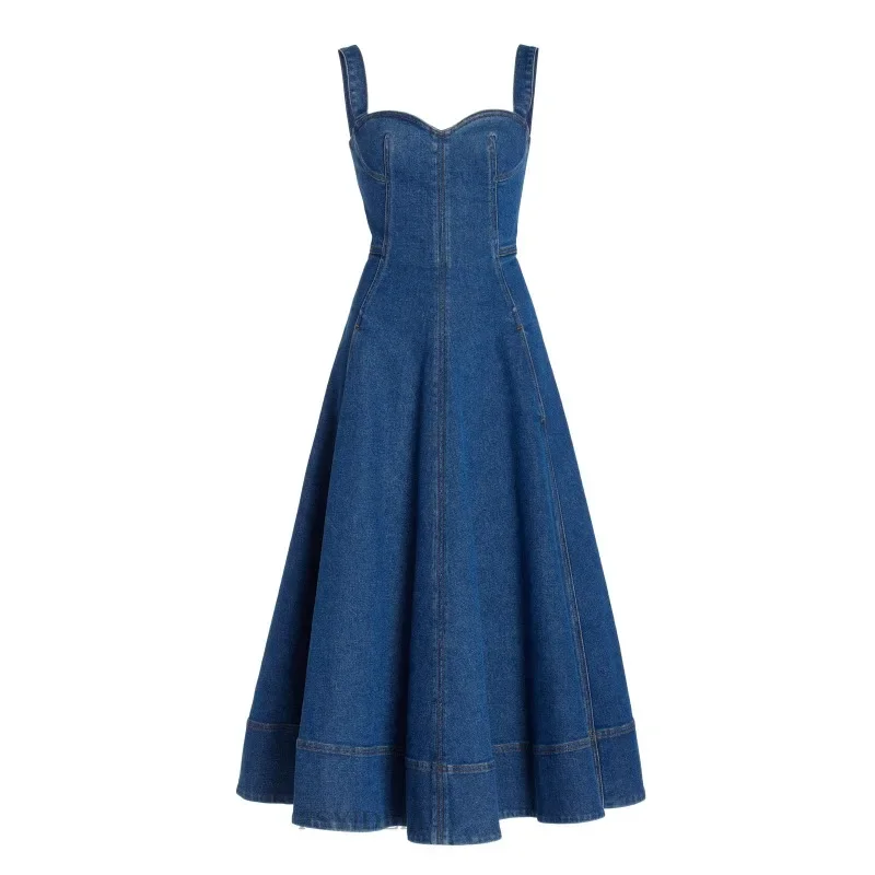 Suspender Dress for Summer New Backless Sexy Retro Denim Long Skirt