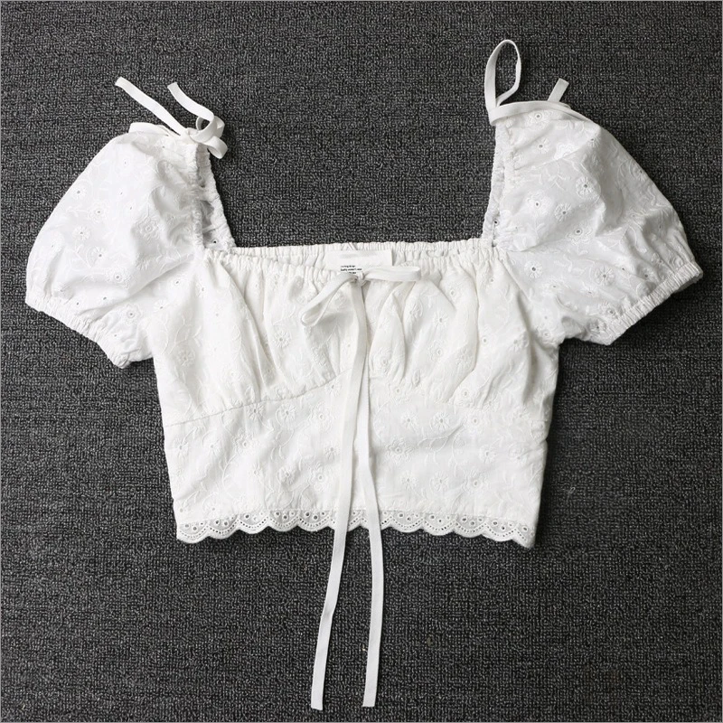 

Fashion Lace Women's Summer Slim White Short Blouses Bow Lantern Sleeve Crop Top Blusas High Street Blusa Casual Shirts