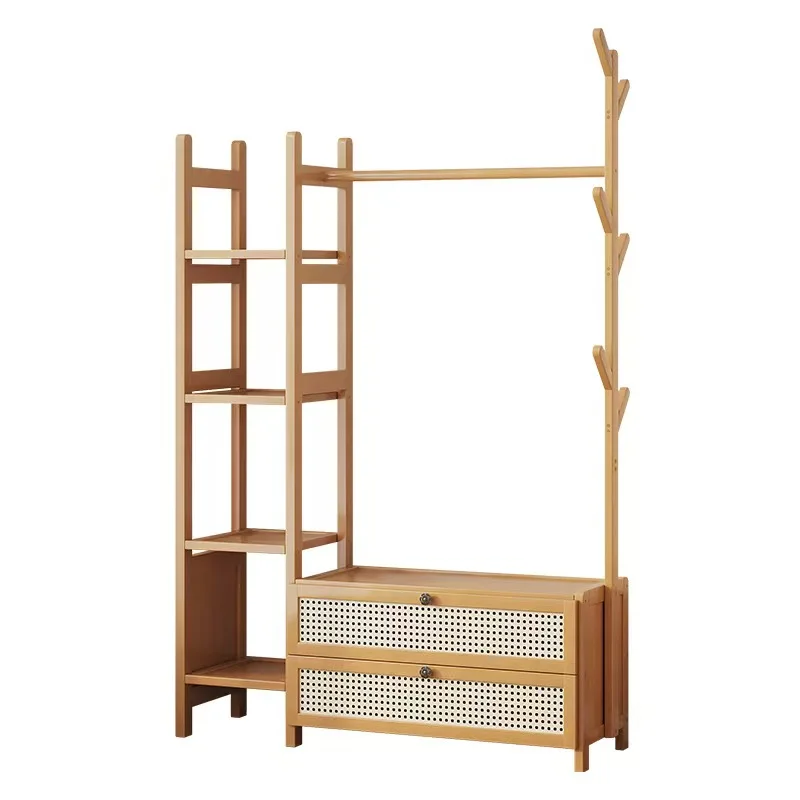 Wooden hangers with rattan drawers, open storage racks, hangers, suitable for bedroom, porch, corridor storage