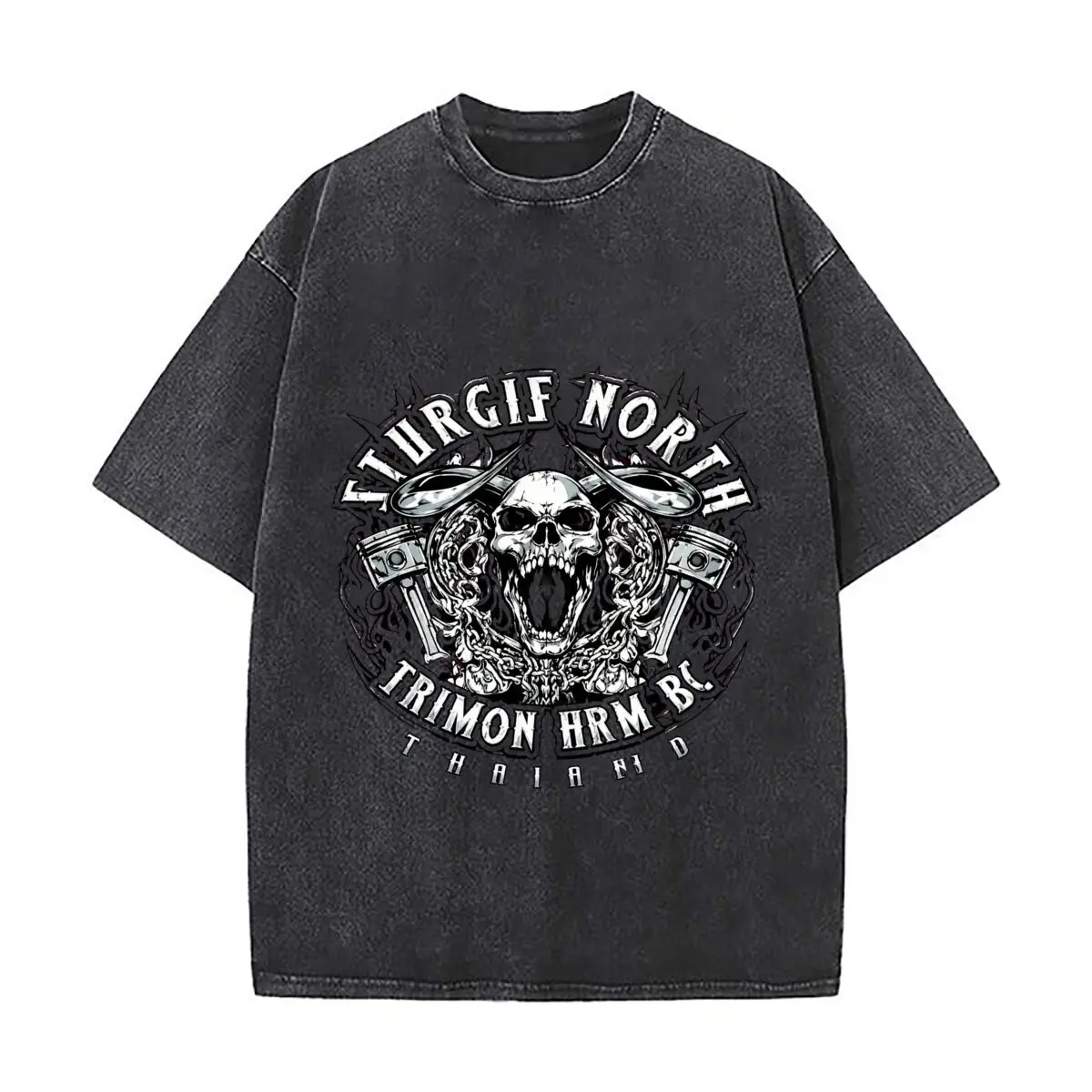 Skull Piston Motorcycle Engine Gothic Graphic Washed Distressed Loose Streetwear Tops for City Walks