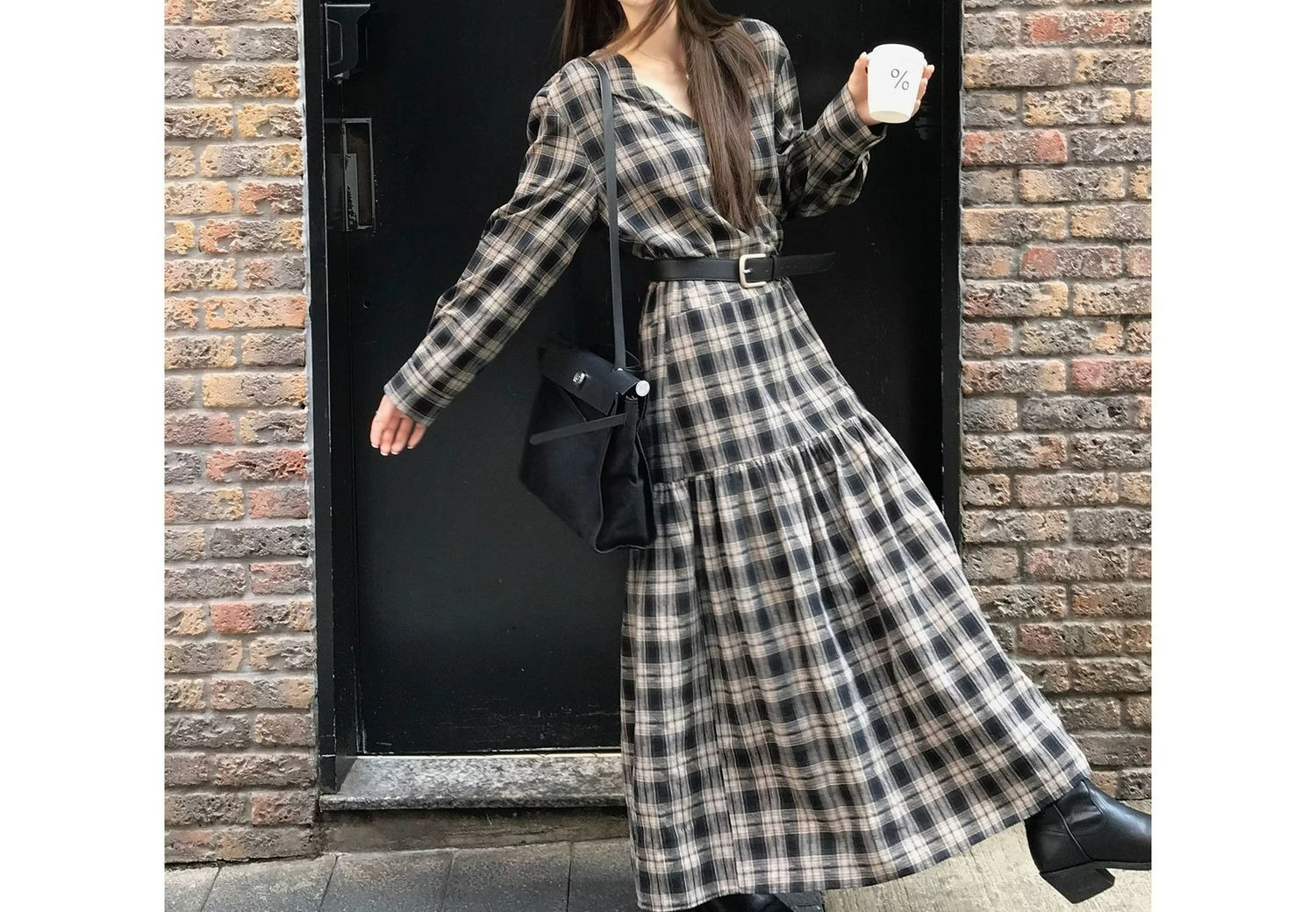

Vintage Ruched Design Plaid Loose Dress for Women New Autumn Layered Base Dress