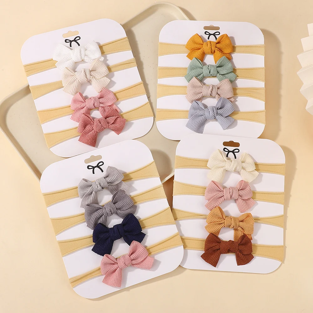 4pcs/set Candy Color Waffle Bow Knitted Headband for Baby Girls Cute Soft Nylon Elastic Hairdband Comfortable Wearing Headscarf