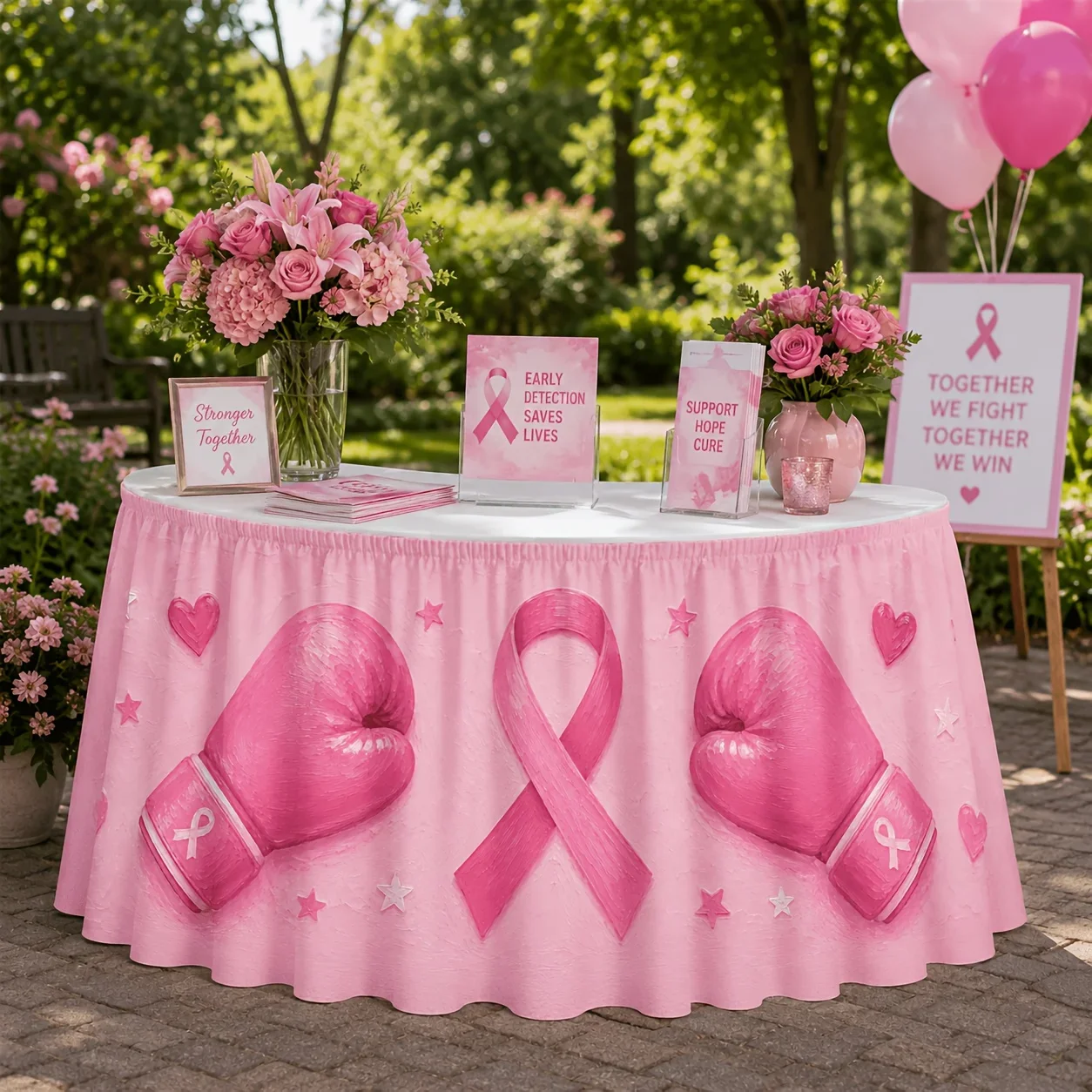 tablecloth table skirt for breast cancer prevention.Table skirt with textured painting in pink.Pink boxing gloves. Pink silk.xzj