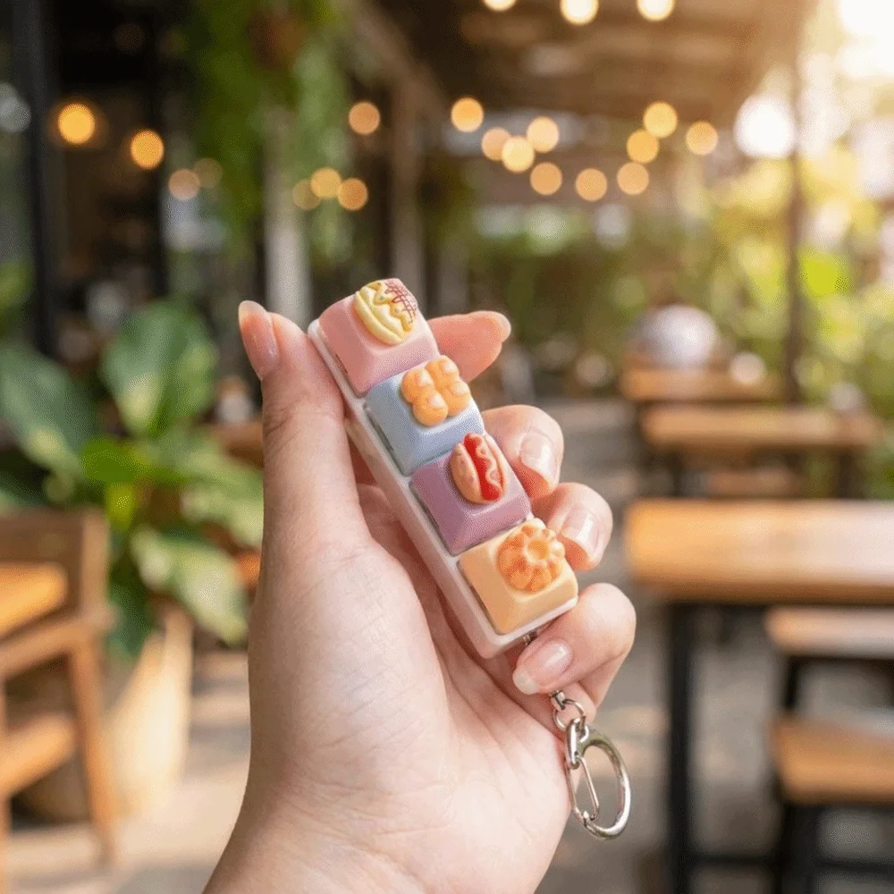 Cartoon 4-Key Bread Keychain Finger Button Dessert Shape Food Miniature Fidget Keycap Simulation Food Funny