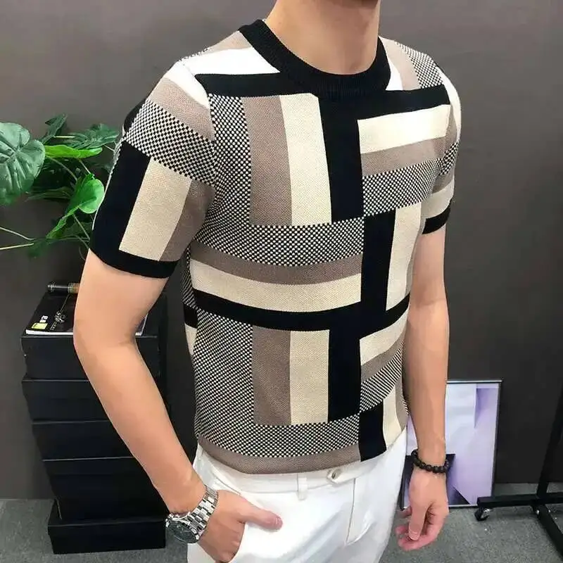 

High Quality Geometry Short Sleeve T-shirt 2023 Korean Slim Bottomed Shirt Steampunk Letter Print Knitted Sweater Tshirt Male