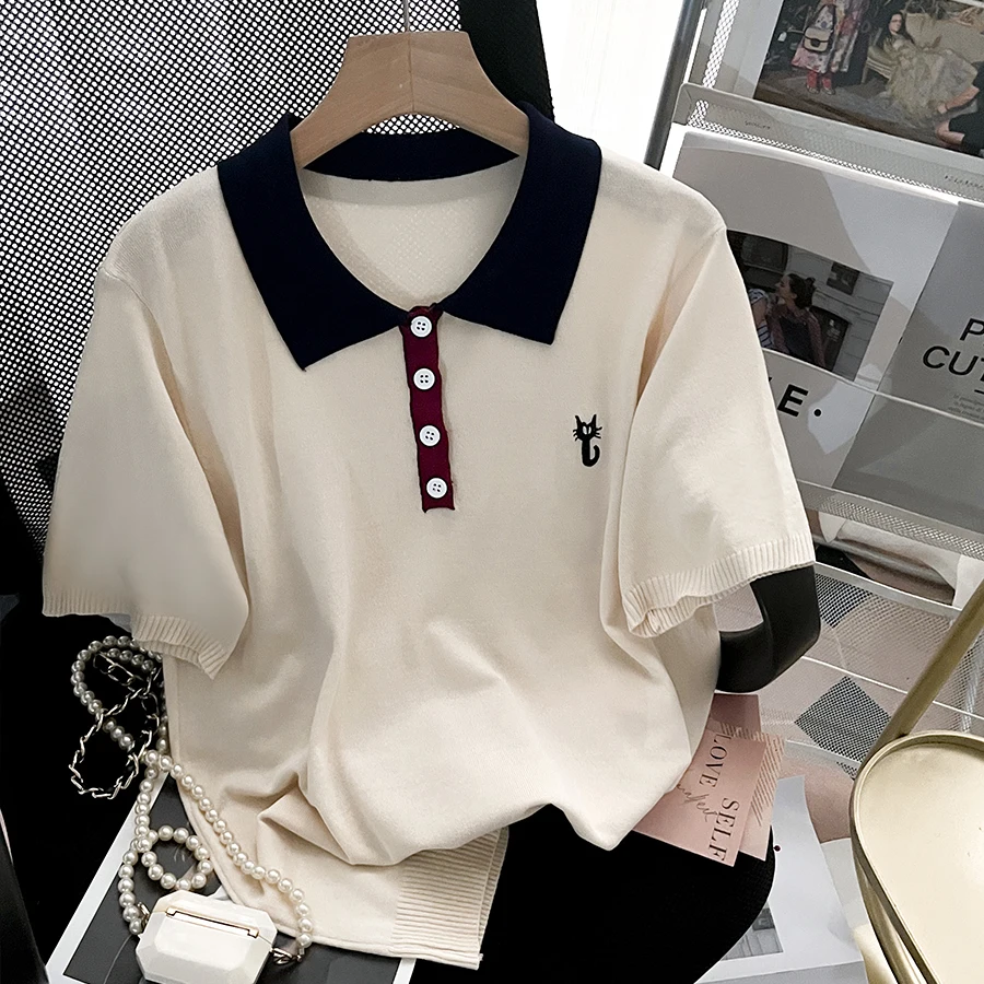 

Women's Spring And Summer New Polo Neck Knitted Pullover With Thin Short Sleeve T-Shirt Loose Top Knitted Base Sweater