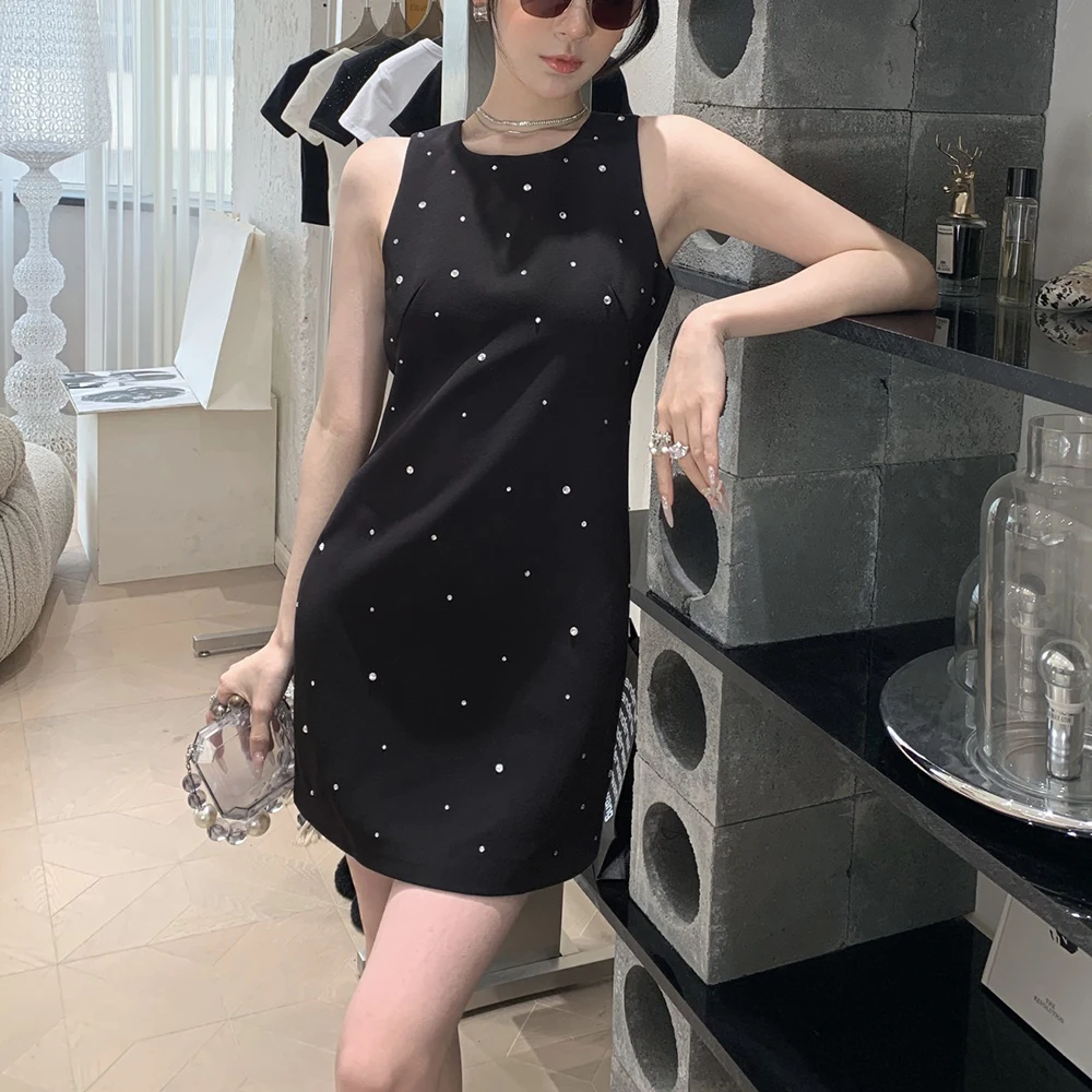 

Detachable Bow Rhinestone Embellished Women's Dress Y2k Commuter Hundred Sexy Backless Round Neck Sleeveless Dress 2024 Summer