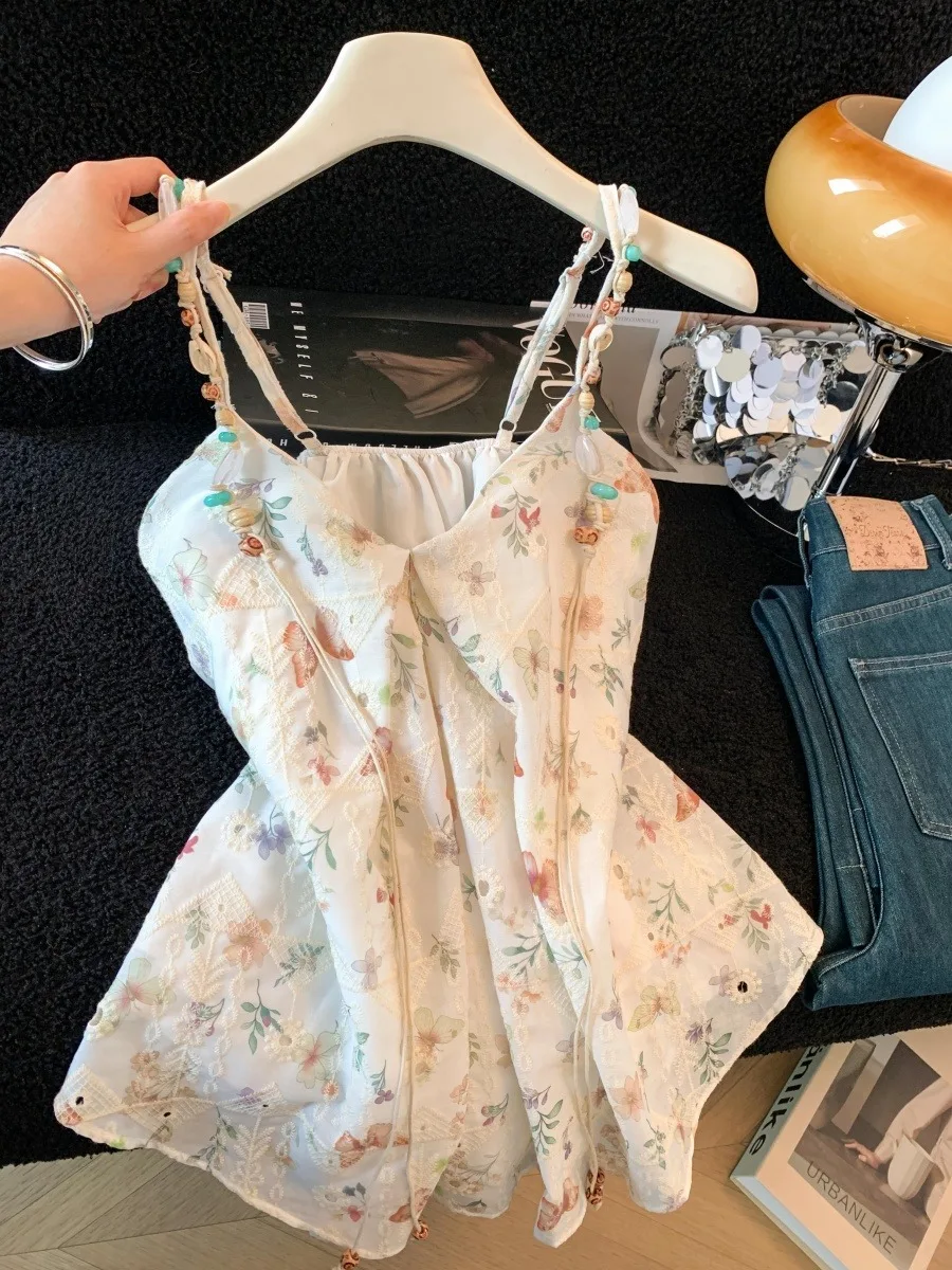 

Sweet Style Embroidered Floral Print Casual Loose Women's Strap Top City Walk Breathable Summer New Arrival Beautiful Small S...