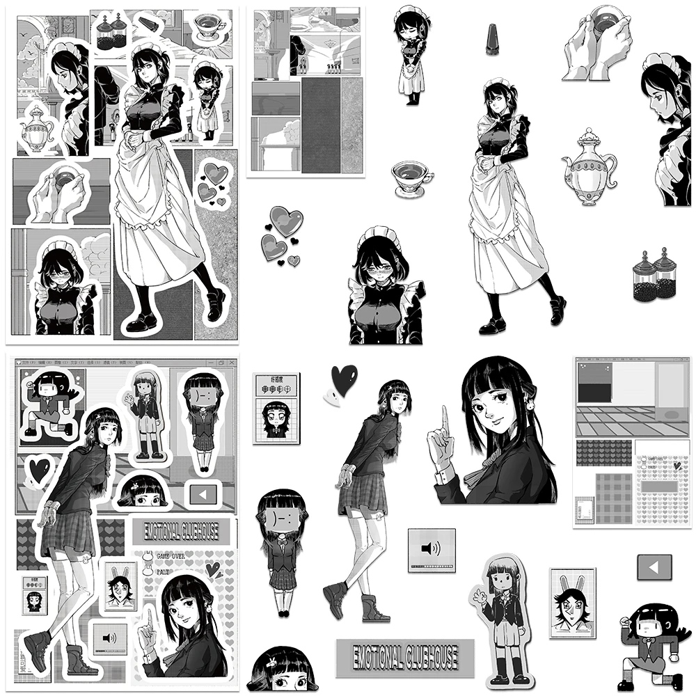 32Sheets Black White Comics DIY Waterproof Puzzle Stickers For Phone Case Laptop Luggage Fridge Guitar Cartoon Girl Boy Stickers