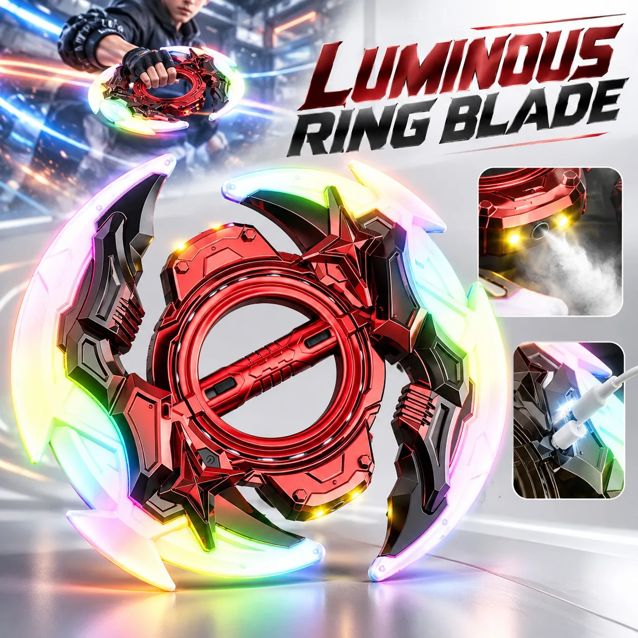 Light Up Spinning Ring Blade Toy with Spark Effect Handheld Rotating Disc for Kids Halloween Cosplay Birthday Party Gift Idea