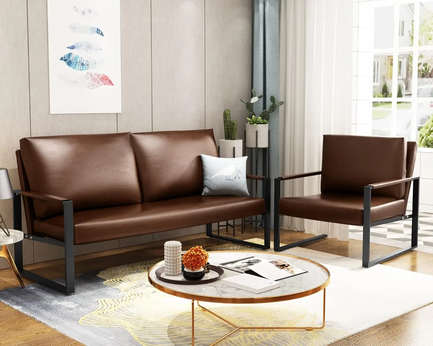 

2 Piece Armchair and Loveseat Set, Faux Leather Accent Chair Middle Age Couch Upholstered Sofa with Removable Cushions and