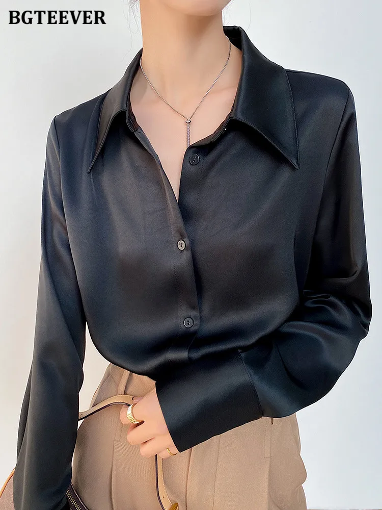 BGTEEVER Elegant Turn-down Collar Solid Blouses Women Casual Full Sleeve Loose Single-breasted Satin Shirts Female Tops