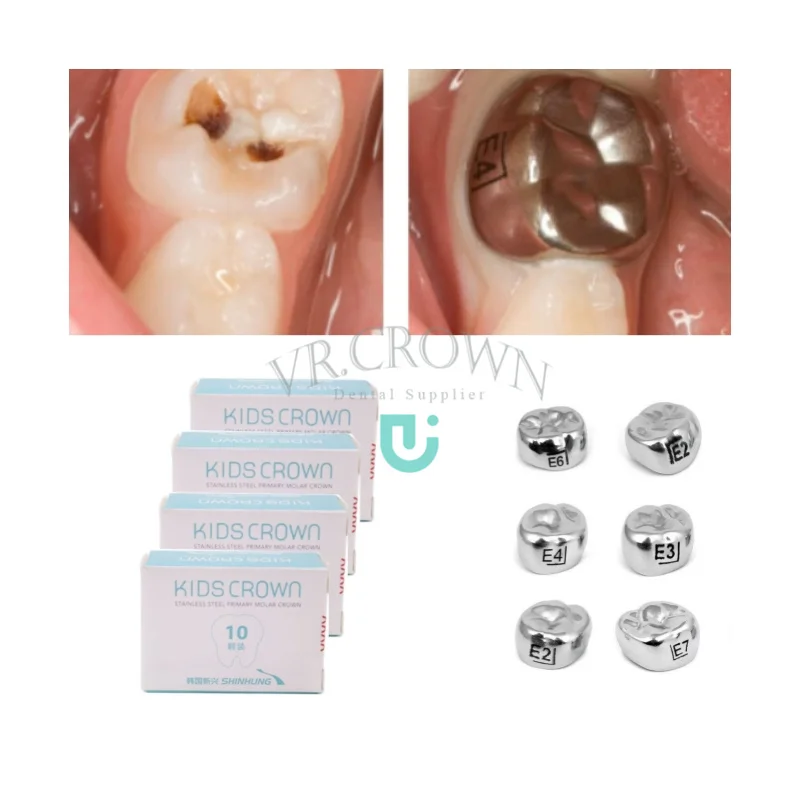 Shinhung Pediatric Preformed Kids Crown Refills Lower Left D2-D7 10pcs for Primary Molar Teeth Restorations Stainless Molar