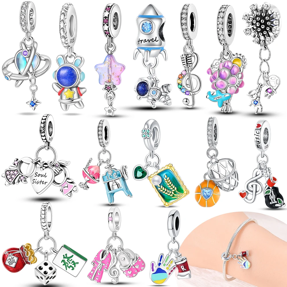 Rocket Music Basketball Mahjong Silver Plated beads original charms Fit Bracelets bag keychain charms diy women gift accessory
